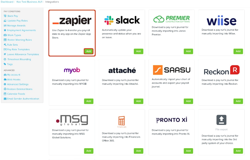 Integrations interface in Employment Hero, showing various apps for payroll and data management. Options include integrations with Zapier, Slack, Premier, Wiise, MYOB, Attaché, Saasu, Reckon, MSG Global, Financials Office 365, Pronto Xi, and others. Each integration tile has a description and an 'Add' button.